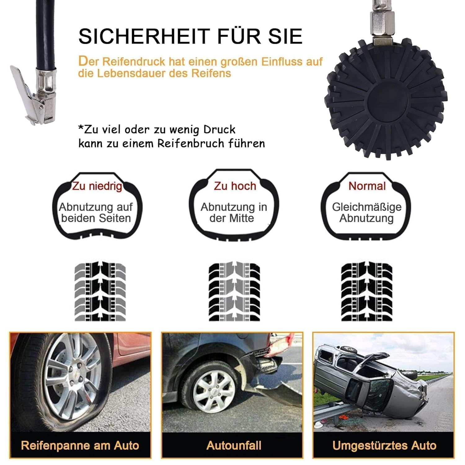 HISports Reifendruckprüfer luftdruckprüfer Universelle Reifendruckmesser Präzision Reifendruck Messgerät Kompatibel mit Geländewagen, Transporter, Auto, Fahrrad und Motorrad