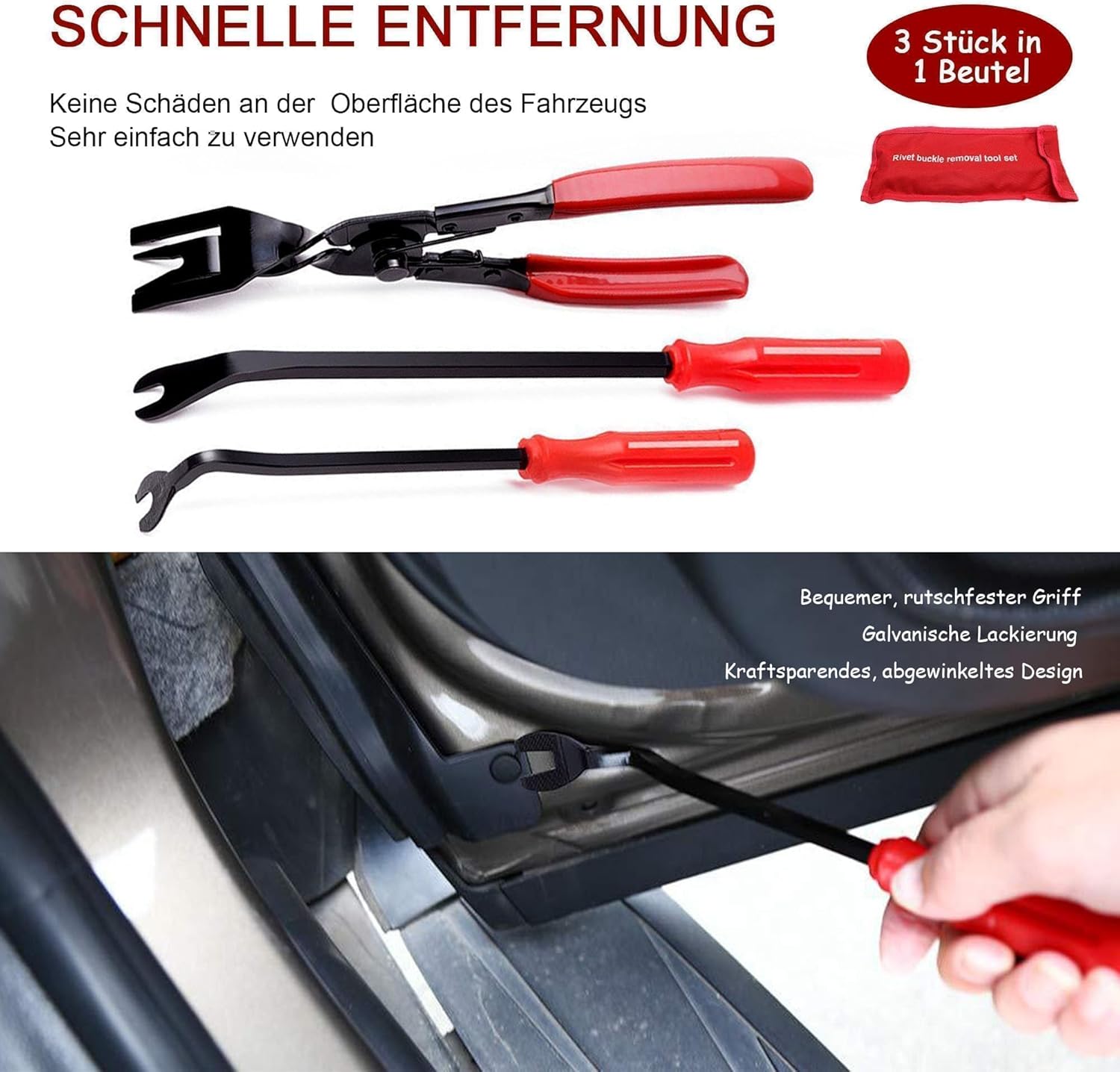 HISports 3er-Pack Entfernungswerkzeuge, Auto-Set, universelle Fixierung, Auto-Klemme, Türverkleidungswerkzeug, Verkleidung, Autotürverkleidung, Armaturenbrett, Innenformkeil, Rot