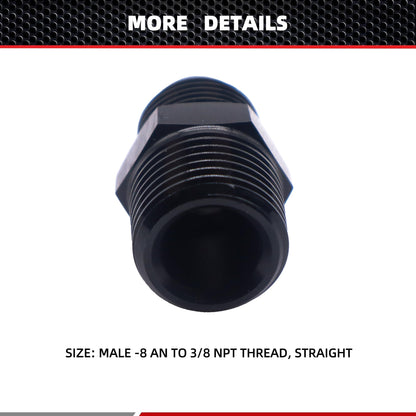 HiSport 8AN to 3/8 NPT Male Hose Fitting Adapter, Universal Aluminum Flare Male 8AN to 3/8'' NPT Union Fuel Oil Line Pipe Connector Black Anodized