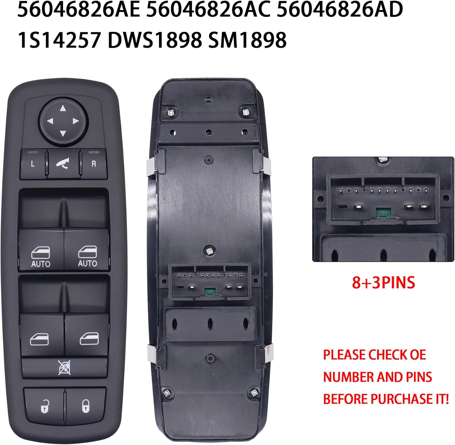 HiSport Window Switch Driver Side - Compatible with Chrysler 300 2012 Dodge Journey 2011-2012 - Power Window Switch Front Left Driver Side 8 PINS + 3 PINS Replace 56046826AE