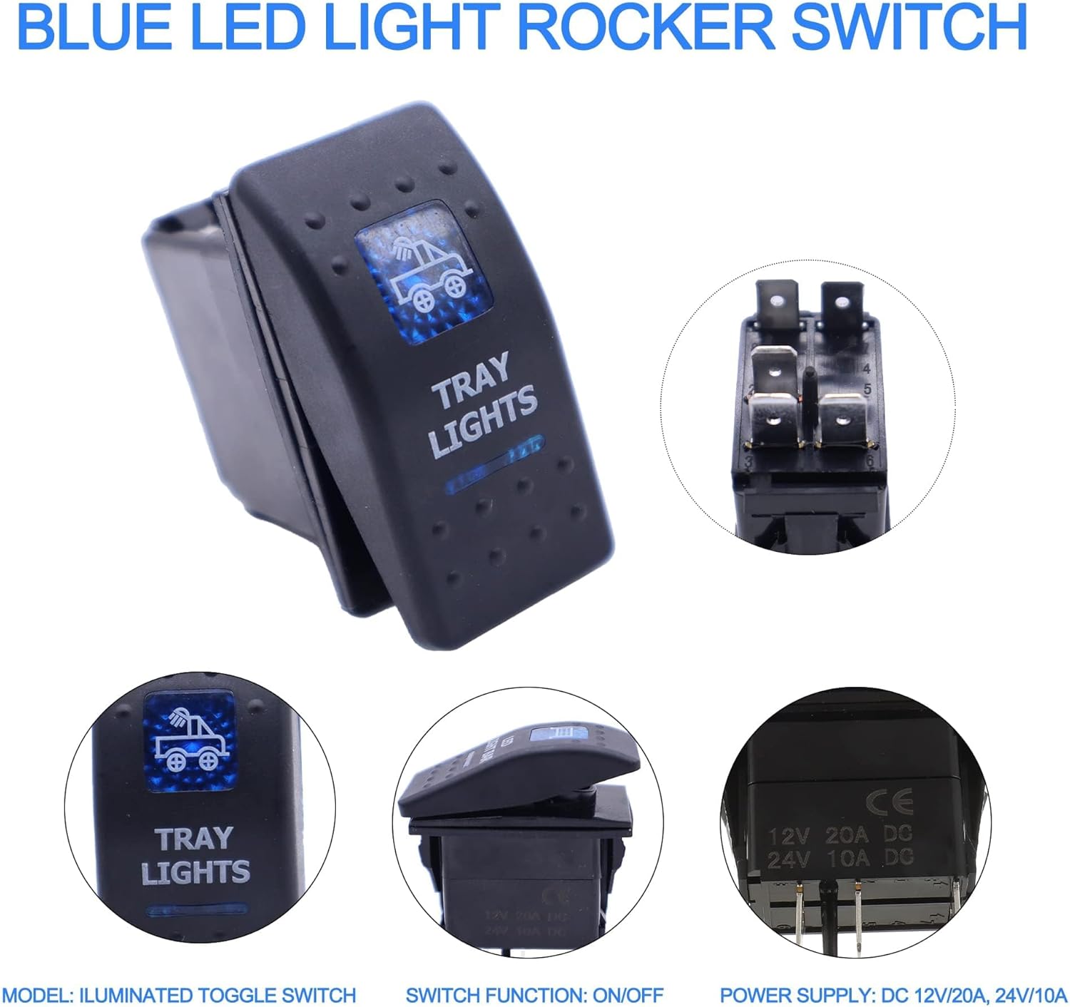 HISports Boat Rocker Switch Waterproof Toggle Switch 12V 20A SPST ON/Off Lighted Rocker Switch 5 Pins Toggle Buttons with Blue LED Light for Car RV Marine Boat Motorhome Truck Yacht (TRAY Light)