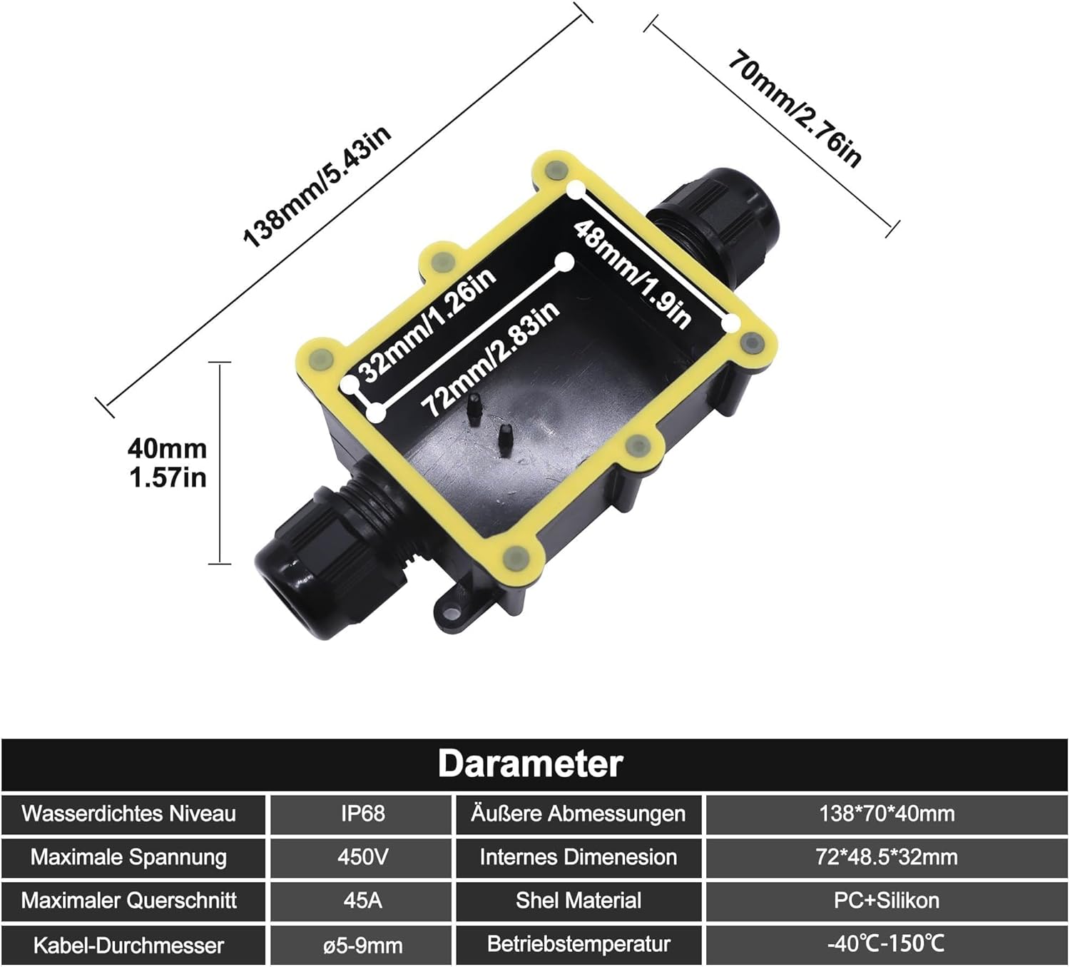 HISports kabelverbinder wasserdicht IP68 verbinder box für 5-9.00 mm, Wasserdichte Abzweigdose Verteilerdose Außen Wohnmobile Garten Boot Auto Erdkabel Abzweigdose,2 Wege steckdosen schwarz 2 Stück