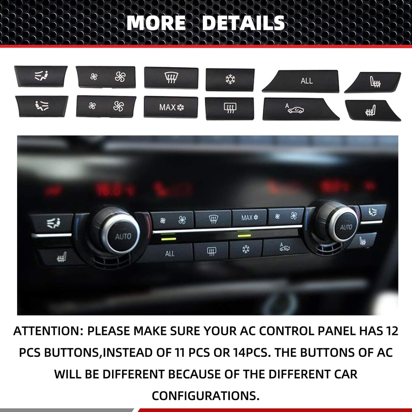 HiSport 61319313923 Set of 12 Air Conditioning A/C Heater Button Key Caps Switch Cover Repair Kit Compatible with BMW 5 Series F07 GT F10 F11, 6 Series F06 F12 F13, 7 Series F01 F02