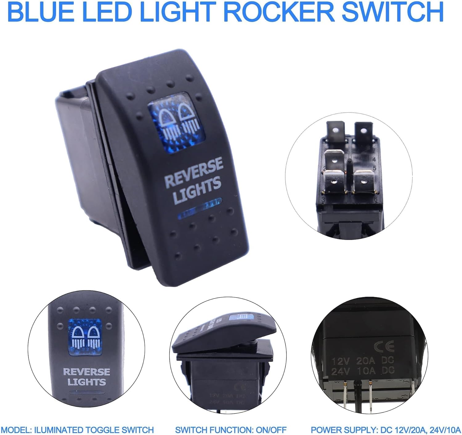 HISports Boat Rocker Switch Waterproof Toggle Switch 12V 20A SPST ON/Off Lighted Rocker Switch 5Pin Toggle Buttons Switch for Car RV Marine Boat Motorhome Truck Yacht Blue LED Light (REVERSE Light)