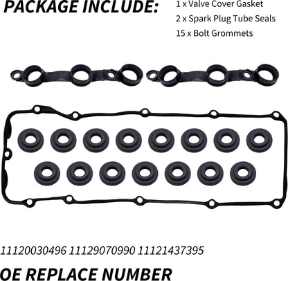 HiSport Engine Head Valve Cover Gasket Set with 15 Grommet Seals 11120030496 Compatible with BMW 330Ci E46 E39 E60 M54 E53 E83 X3 X5 Z3 Z4 L6 325Ci 325i 325xi 330Ci 330i 330xi 525i 530i