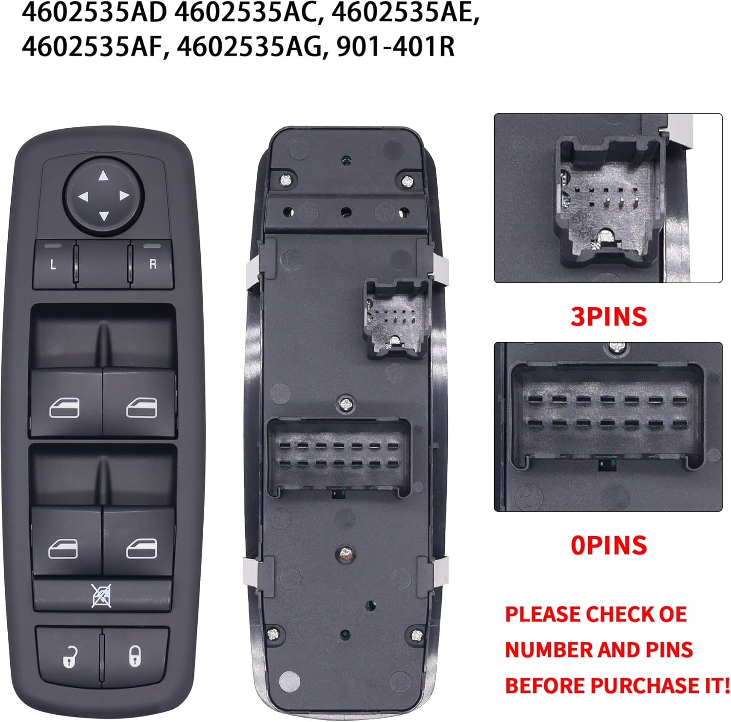 HiSport Window Switch Driver Side - Compatible with Chrysler Town & Country 2008-2009 Dodge Grand Caravan 2008-2009 - Power Window Switch Front Left Driver Side 3 PINS + 0 PIN Replace 4602535AG