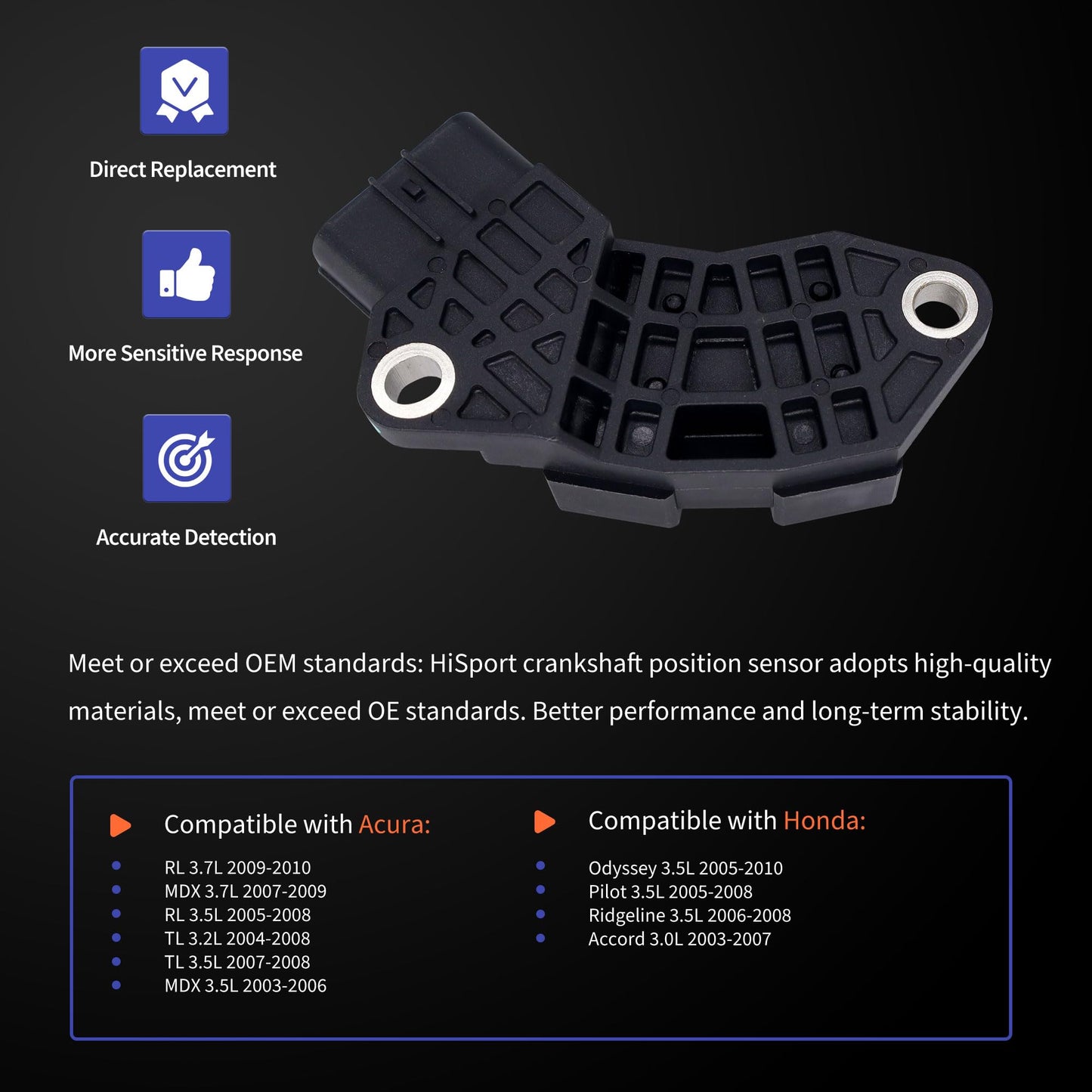 HiSport Crankshaft Position Sensor - Acura RL MDX RL TL TL MDX Compatible with Honda Odyssey Pilot Ridgeline Accord 2003-2010 3.0L 3.2L 3.5L 3.7L - Replace 37500RCAA01