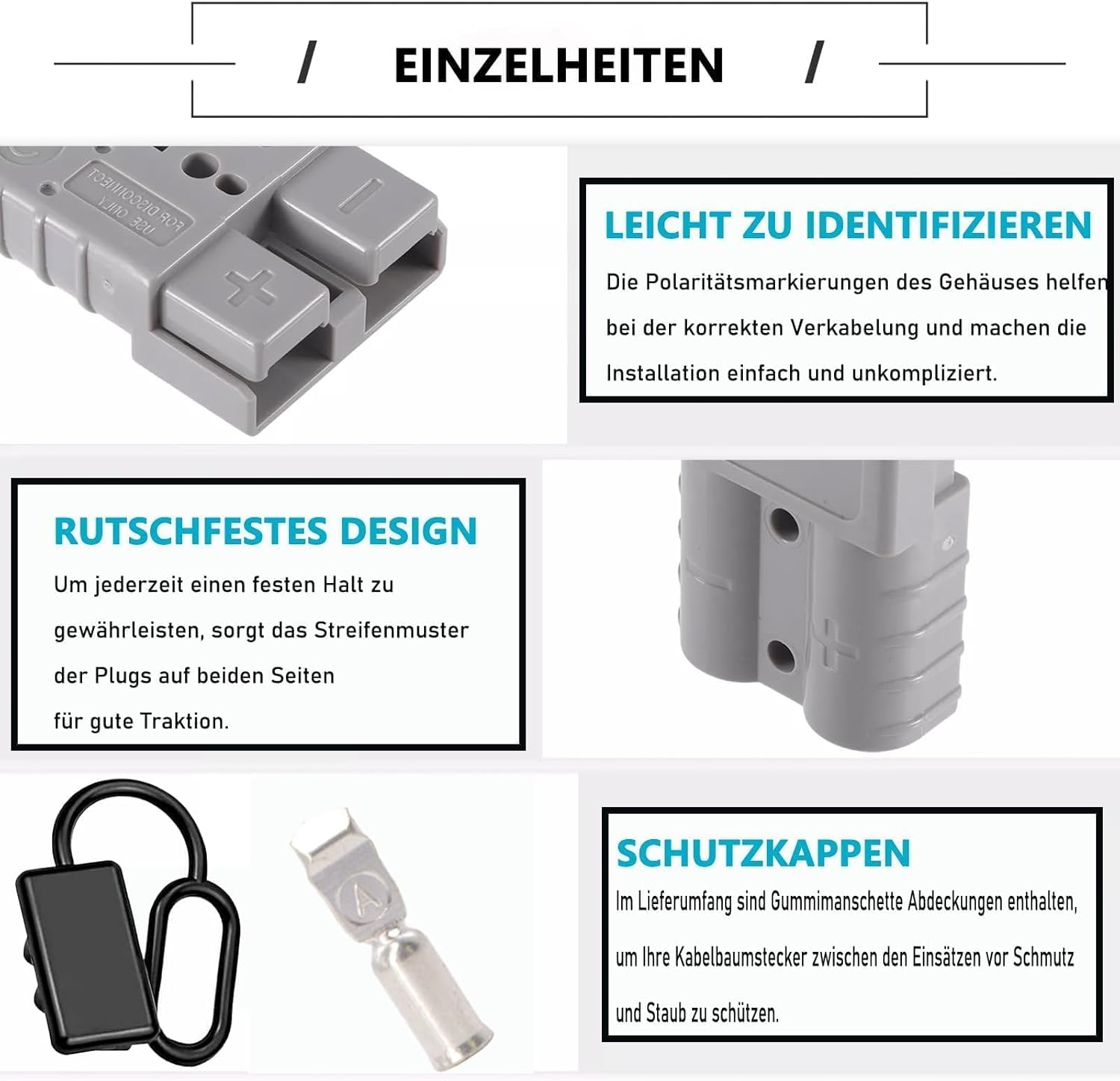 HISports 6 Stück 50A Batterie Stecker,Quick Connect Batterie Akku Steckverbinder Schnellanschluss Stecker mit Staubschutzkappen für Auto, Wohnmobil, Wohnwagen (6 AWG, Grau)