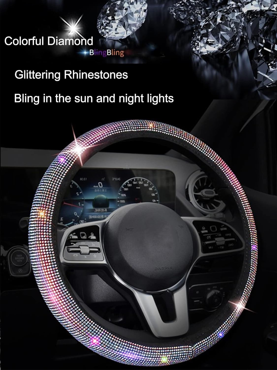 HISports Bling Steering Wheel Cover Colourful Diamond Steering Wheel Cover with Crystal Rhinestones Steering Wheel Cover Glitter Universal Fit for 14.5 to 15 inch Car Accessories Gifts for Girls Women