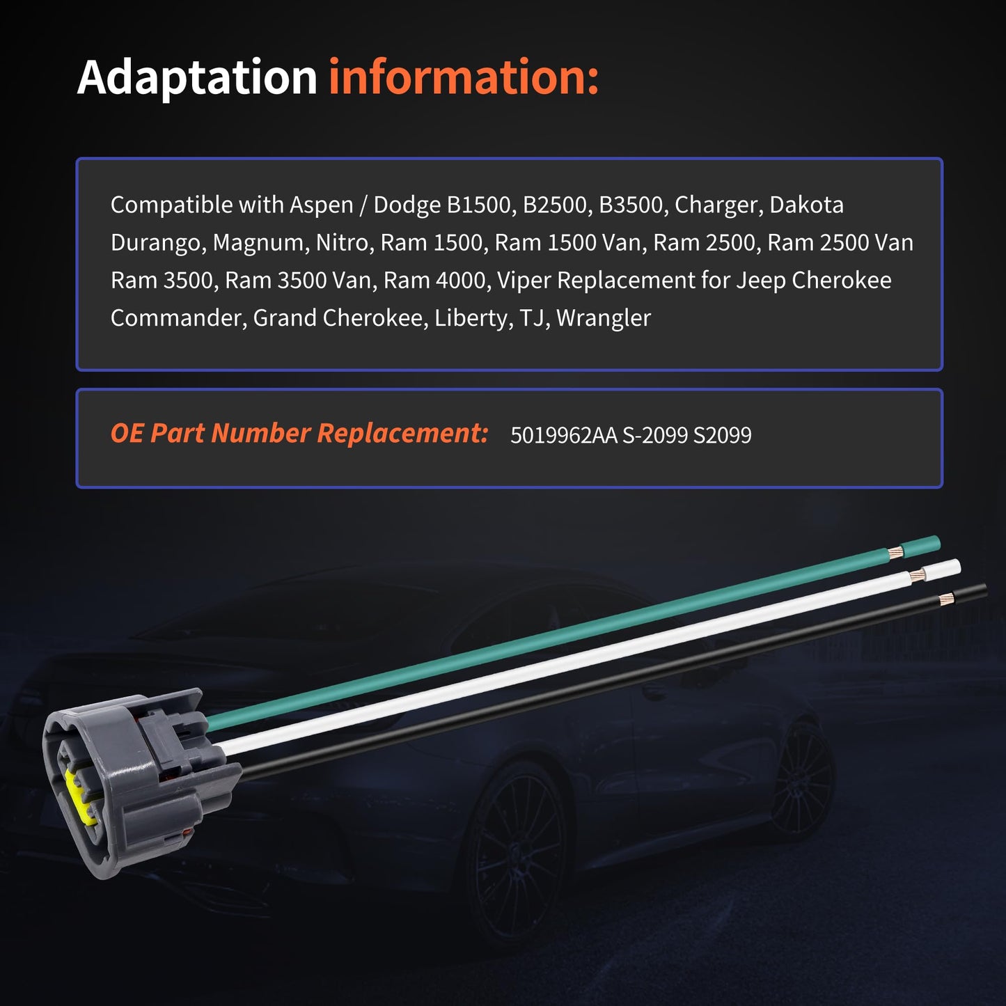 HiSport Camshaft Position Sensor Connector Wiring Harness 5019962AA Compatible with Dodge Ram 1500 2500 3500, B1500 B2500 B3500, Replacement for Jeep Grand Cherokee, Chrysler 300, S-2099 S2099