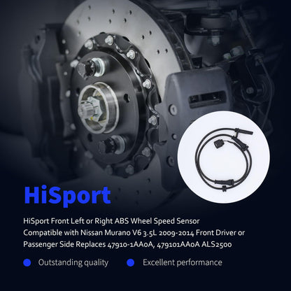 HiSport Front Left or Right ABS Wheel Speed Sensor Compatible with Nissan Murano V6 3.5L 2009-2014 Front Driver or Passenger Side Replaces 47910-1AA0A, 479101AA0A ALS2500