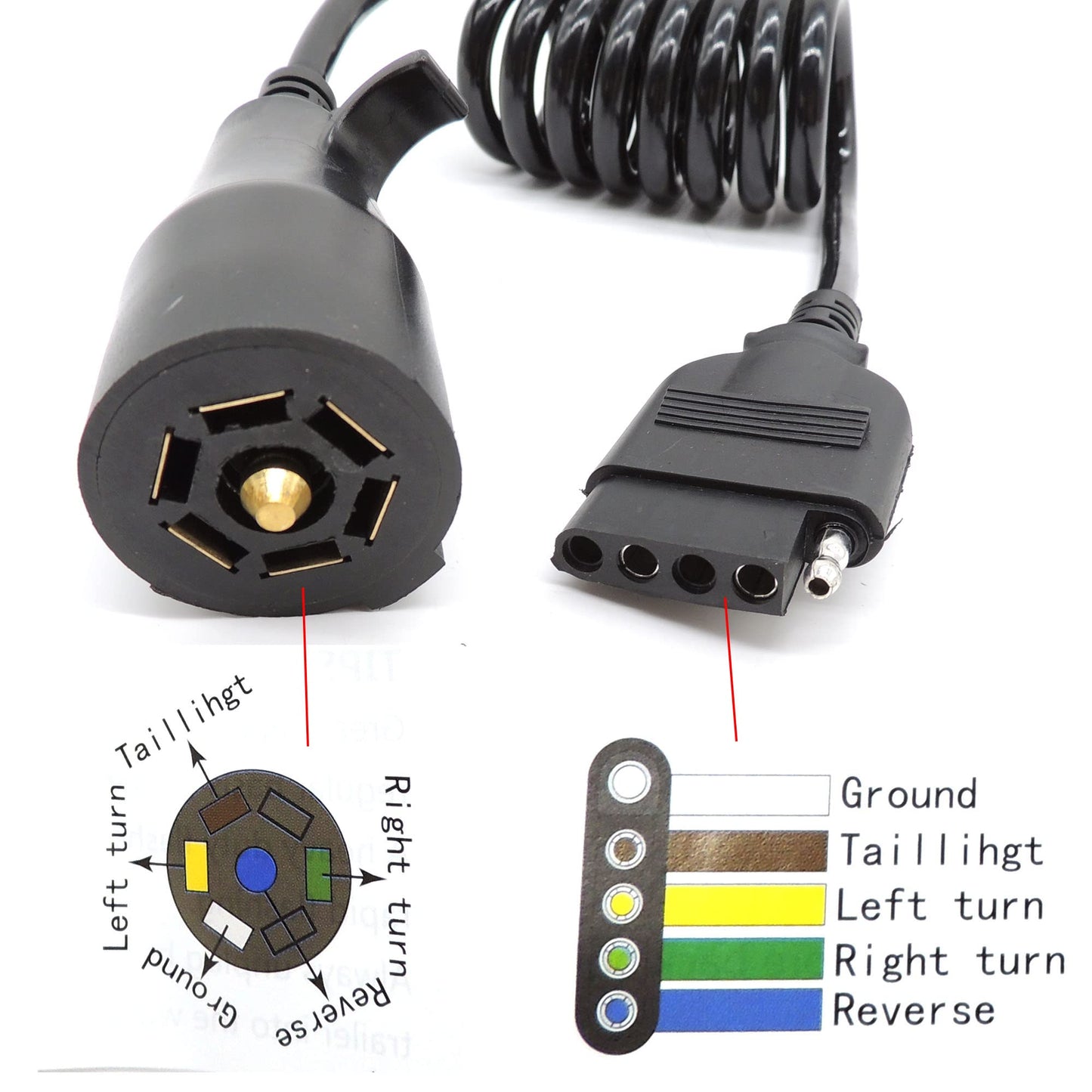 HiSport Trailer Adapter 7 Way Round to 5 Way Pin Flat Trailer Wire Coiled Wiring Connector Plug 5FT for Boat Trailer and RV Towing