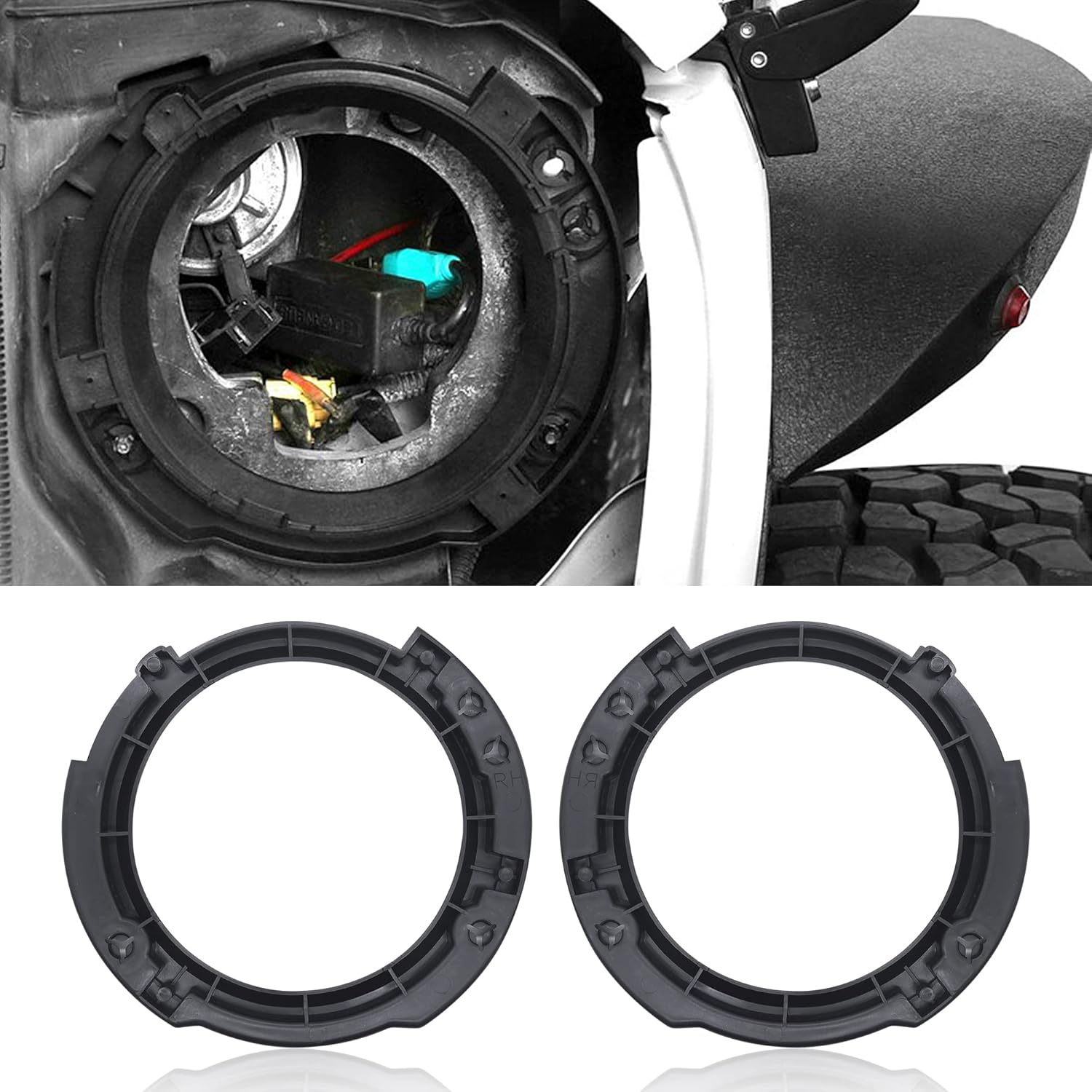 HiSport 7 Inch Round Headlight Mounting Retaining Bracket Ring Set - Compatible with 2007-2017 Jeep Wrangler JK - Easy No-Drill Installation, ABS Plastic, Includes All Hardware