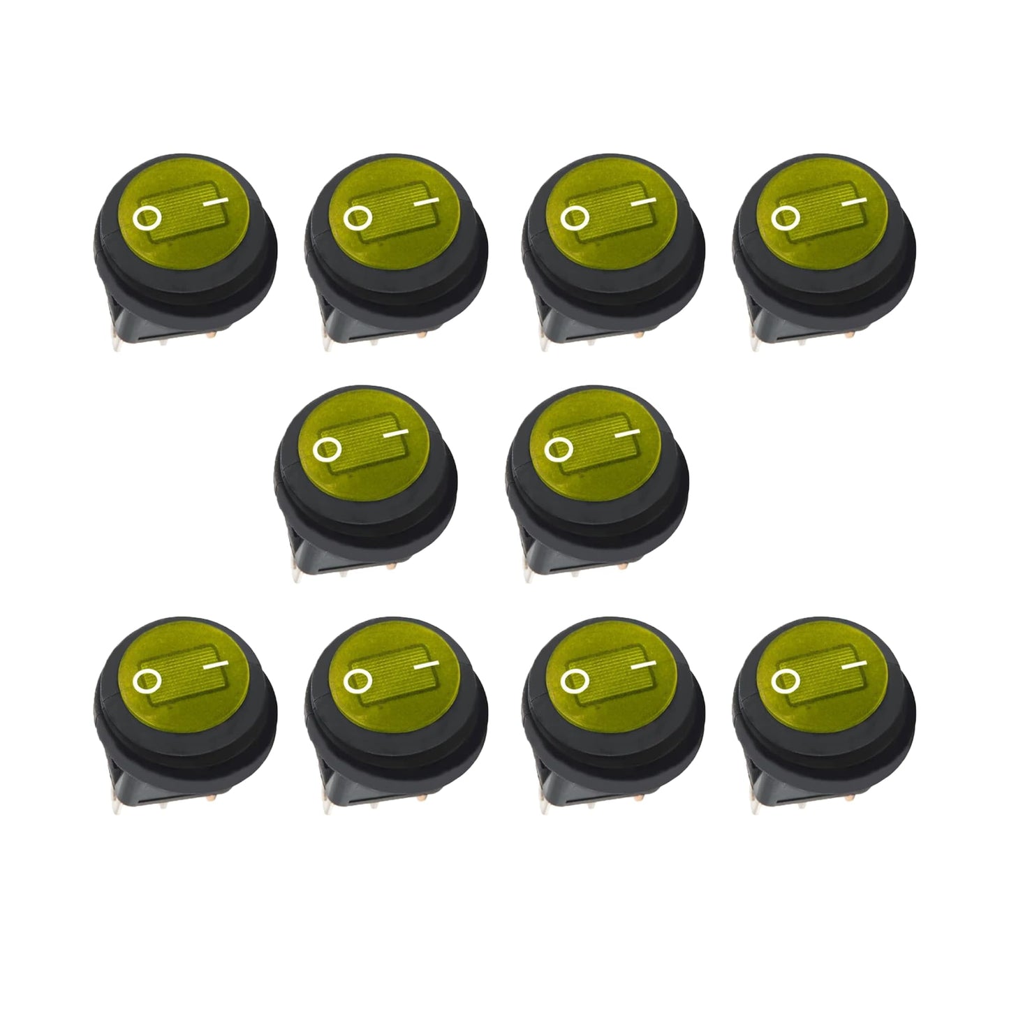 HiSport KCD1-8-101NW 10PCS Waterproof Round Rocker Toggle Switch 2 Position DC 12V 20A ON-Off with LED Light SPST 3 Pins Yellow