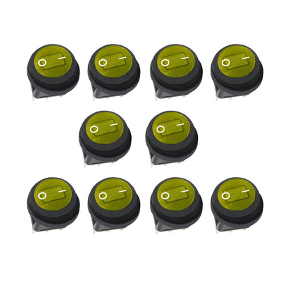 HiSport KCD1-8-101NW 10PCS Waterproof Round Rocker Toggle Switch 2 Position DC 12V 20A ON-Off with LED Light SPST 3 Pins Yellow