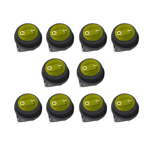 HiSport KCD1-8-101NW 10PCS Waterproof Round Rocker Toggle Switch 2 Position DC 12V 20A ON-Off with LED Light SPST 3 Pins Yellow