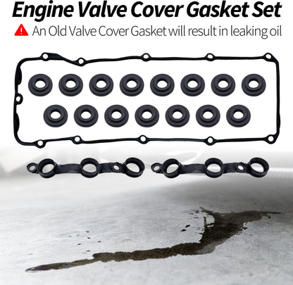 HiSport Engine Head Valve Cover Gasket Set with 15 Grommet Seals 11120030496 Compatible with BMW 330Ci E46 E39 E60 M54 E53 E83 X3 X5 Z3 Z4 L6 325Ci 325i 325xi 330Ci 330i 330xi 525i 530i