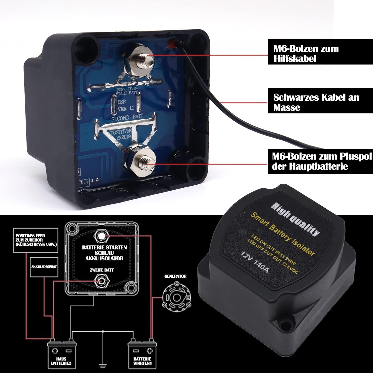 HISports 140A Spannung empfindliches Relais (VSR),Batterietrenner,IP67 Doppelbatterie Isolator Automatisches Batterie Trennrelais Kompatibel mit KFZ ATV UTV Wohnmobil Boot Wagen