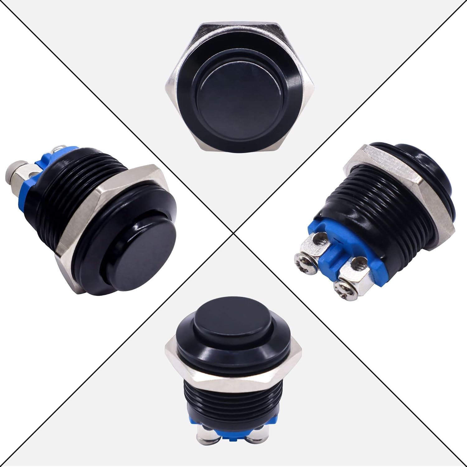 HISports 16MM Momentary Push Button Switch 250V AC 5A 12V 36V DC 2A 1NO SPST Waterproof Push Button Switches Stainless Steel Push Button for Car Auto RV Truck Motorhome Boat Button Switches 2Pcs