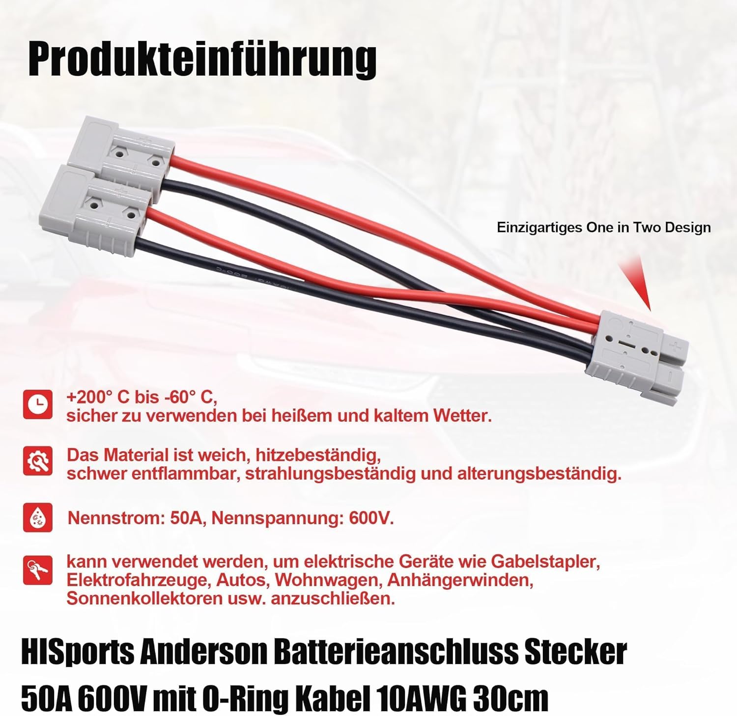 HISports Anderson Batterieanschluss Stecker 50 A 600 V mit O-Ring Kabel 10 AWG 30 cm,Ladestecker für Gabelstapler, Anhänger, Wohnwagen, Boote, Solaranlagen