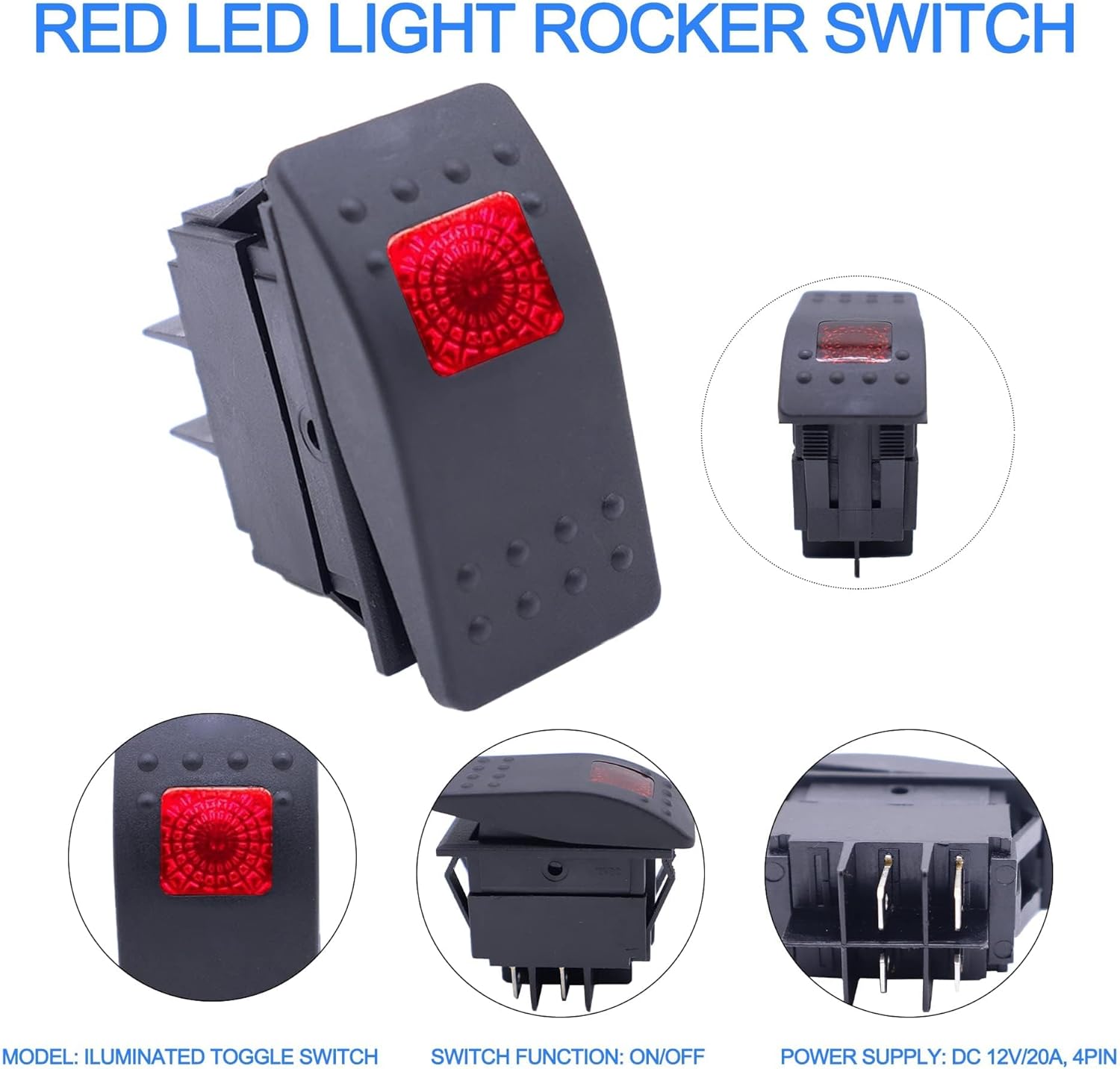 HISports Boat Rocker Switch Waterproof Toggle Switch 12V 20A SPST ON/Off Lighted Rocker Switch 4Pins Toggle Buttons with Red LED Light for Car RV Marine Boat Motorhome Vehicles Truck Yacht