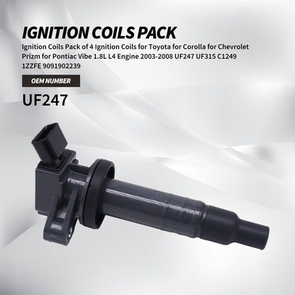 HiSport 4pcs Ignition Coil Pack - Compatible with Toyota Corolla Celica Chevy Prizm Pontiac Vibe 1.8L Replaces UF247