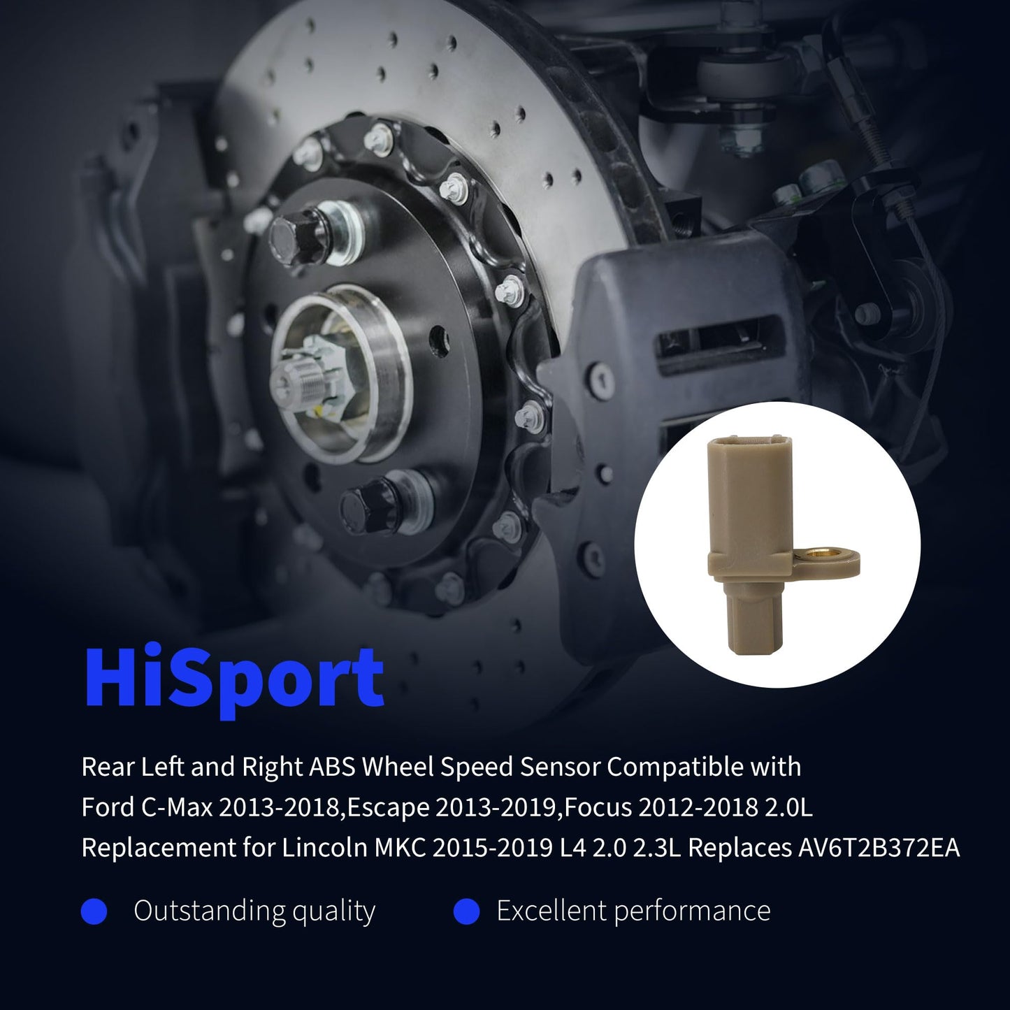 HiSport Rear Left and Right ABS Wheel Speed Sensor Compatible with Ford C-Max 2013-2018,Escape 2013-2019,Focus 2012-2018 2.0L,Replacement for Lincoln MKC 2015-2019 L4 2.0 2.3L Replaces AV6T2B372EA