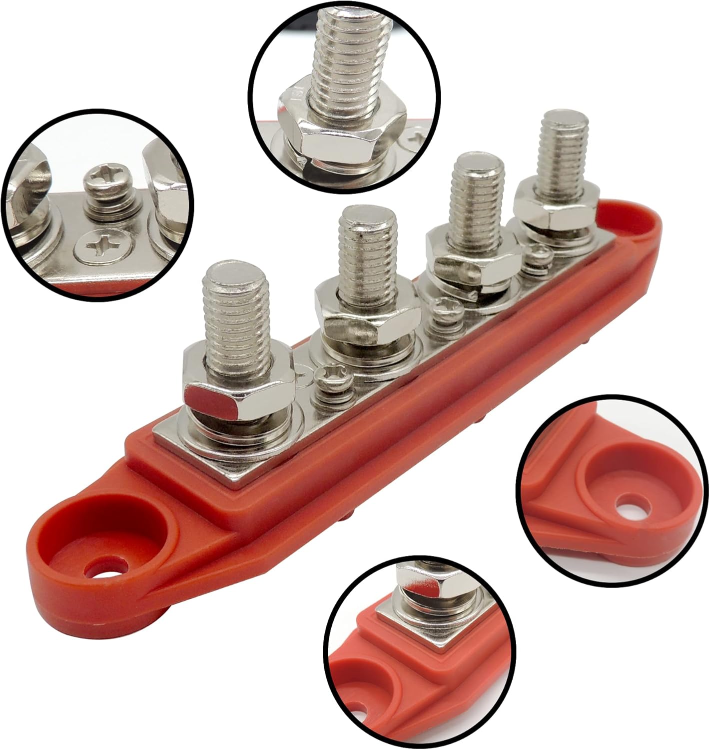 HiSport 4 Stud Power Distribution Block for Marine Bus Bar, Automotive, and Solar Wiring with Cover Bus Bar Junction Block 250A 3/8” Red & Black