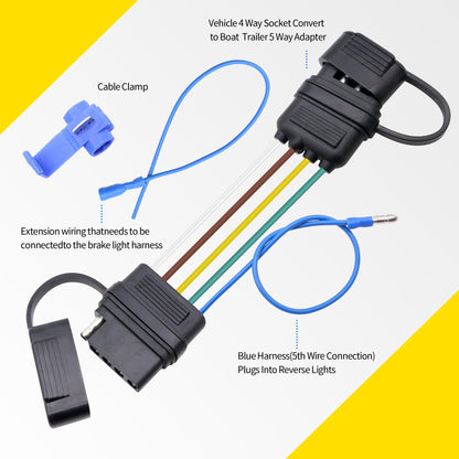 HiSport 4-Way to 5-Way Flat Trailer Wiring Adapter Compatible with Boat Trailer W/Surge Brakes
