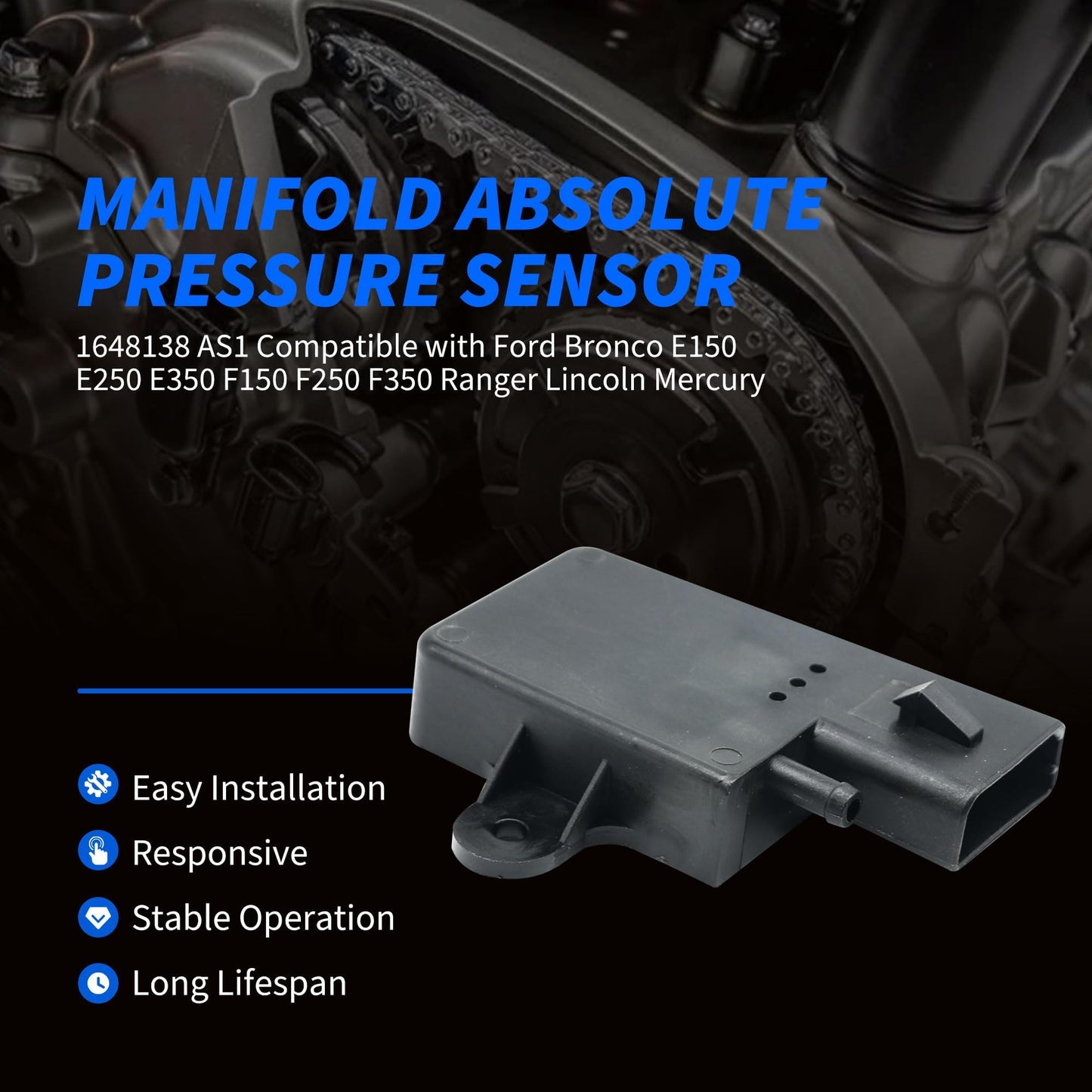 HiSport 1648138 Map Manifold Absolute Pressure Sensor Compatible with Ford Aerostar Bronco E-150 250 350 Escort Super Duty F-150 250 350 Mustang, Lincoln Continental, Mercury Capri Cougar Sable