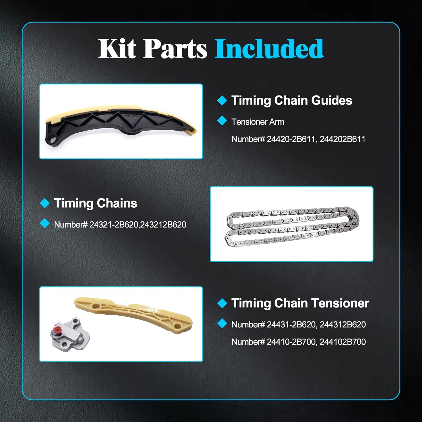 HiSport 24410-2B700 Engine Timing Chain Kits - Compatible with Hyundai Accent Elantra Sonata Tucson Veloster 2012-2021 Kia Forte Optima Rio Seltos Soul 2012-2021 - 24420-2B611 24431-2B620 24321-2B620