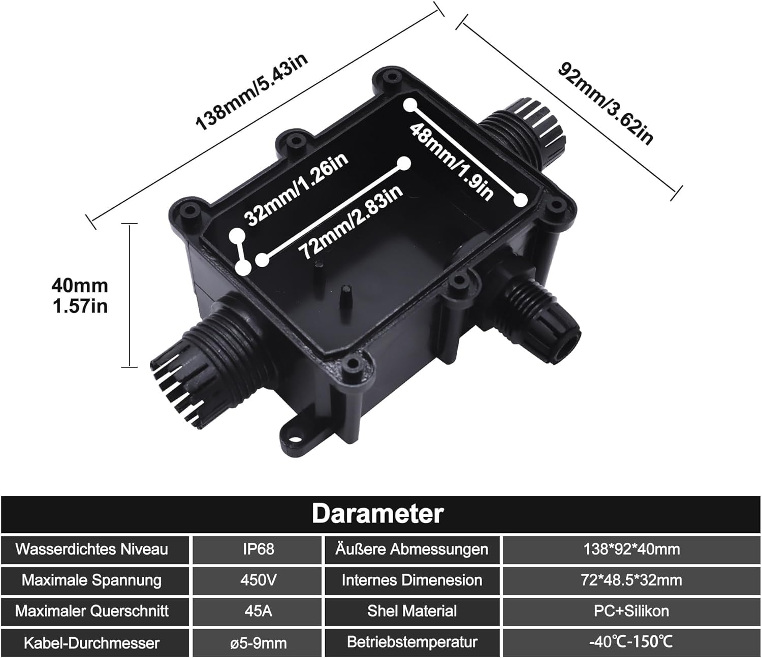 HISports Abzweigdose Kabelverbinder Wasserdicht IP68 verbinder Box für 5-9.00 mm, Verteilerdose Außen Wohnmobile Garten Boot Auto Erdkabel Abzweigdose,3 Wege steckdosen schwarz