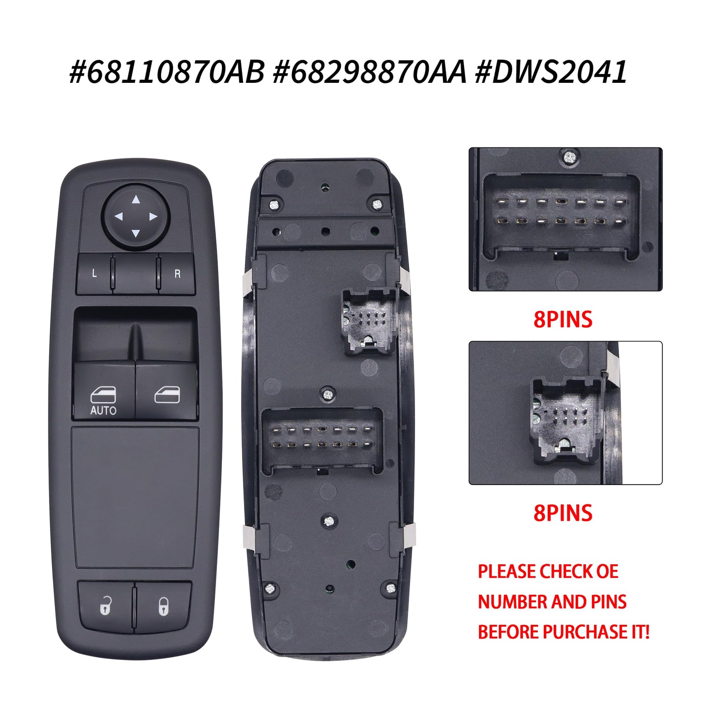 HiSport 68110870AB Power Master Window Switch Driver Side - Compatible with 2012-2015 Ram C/V 2012-2015 Grand Caravan 2012-2015 Chrysle Town Country 2 Door - 8+8 PINS Replace 68298870AA