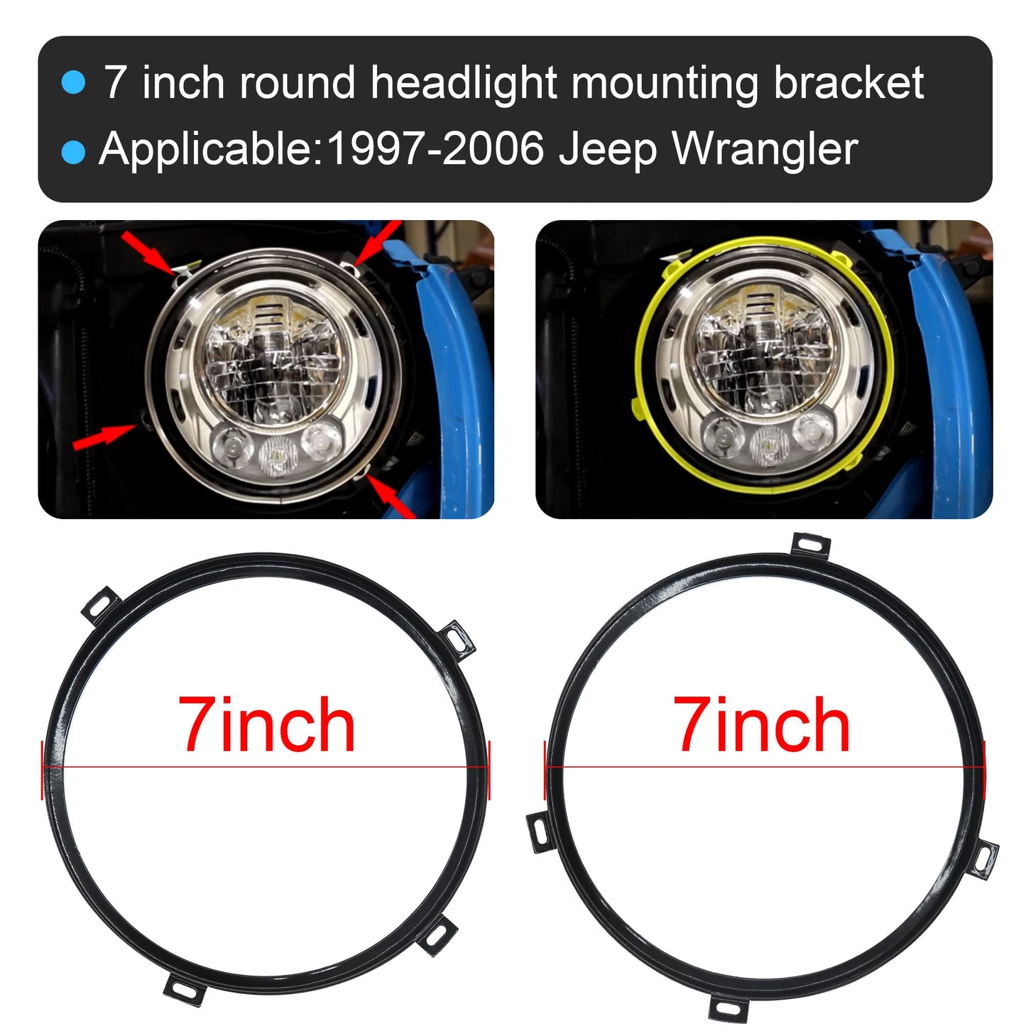HiSport 7" Round Headlight Mounting Bracket Ring - Premium Matte Black Headlight Retainer Ring Compatible with Jeep Wrangler TJ 1997-2006 (2-Pack)