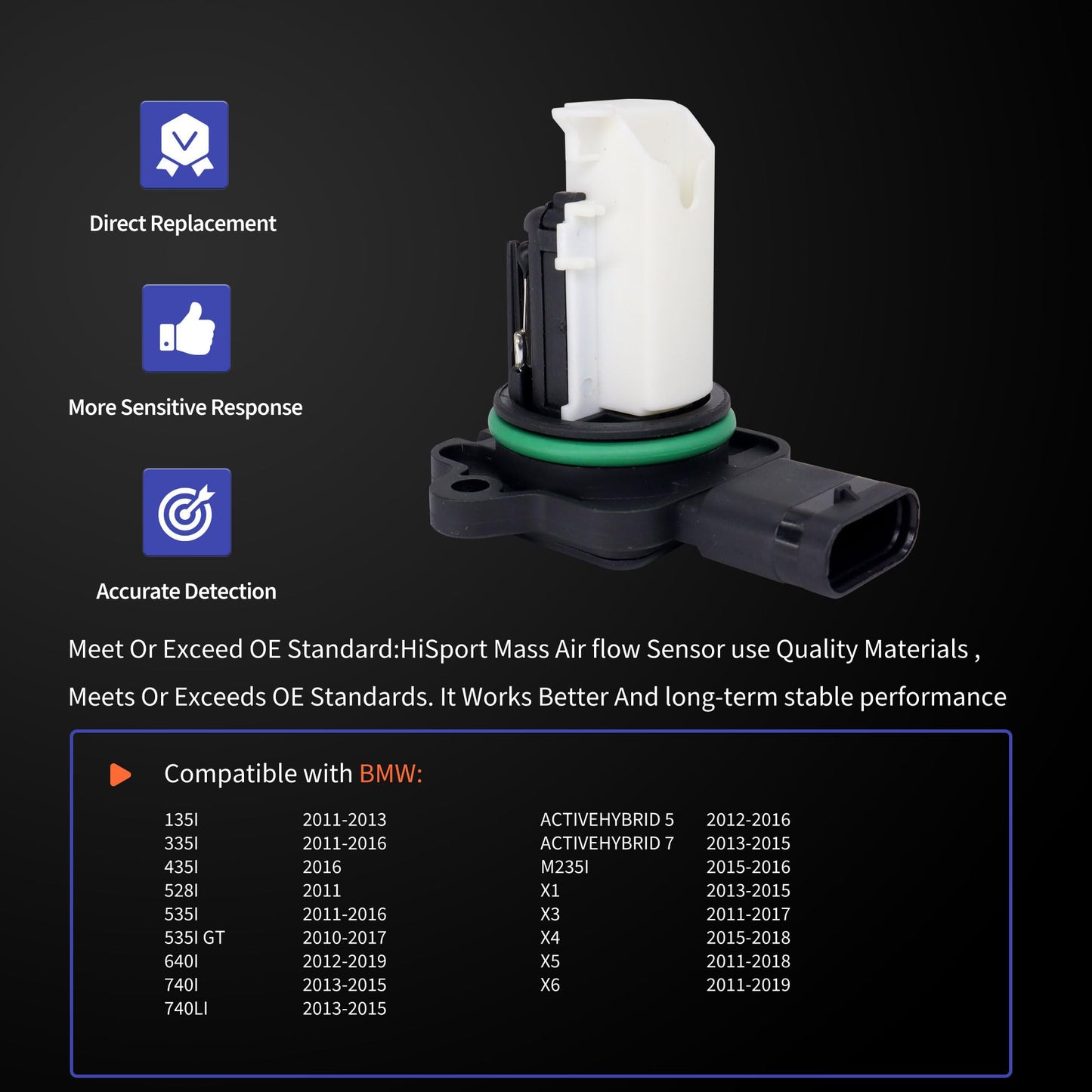 HiSport MAF Mass Air Flow Sensor - Compatible with BMW 135I 335I 435I 528I 535I 640I 740I Replaces 5WK97512 5WK97512Z 74-50088
