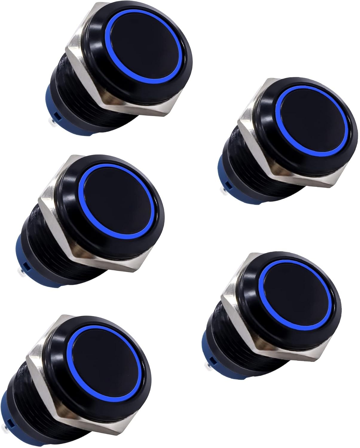 HISports Latching Push Button Switch 5 PCS 16mm Waterproof Push Button with Blue LED Light 12V/24V 4 Pin ON/OFF Push Button Switch for Car RV Truck Marine Motorhome Boat Motorcycle