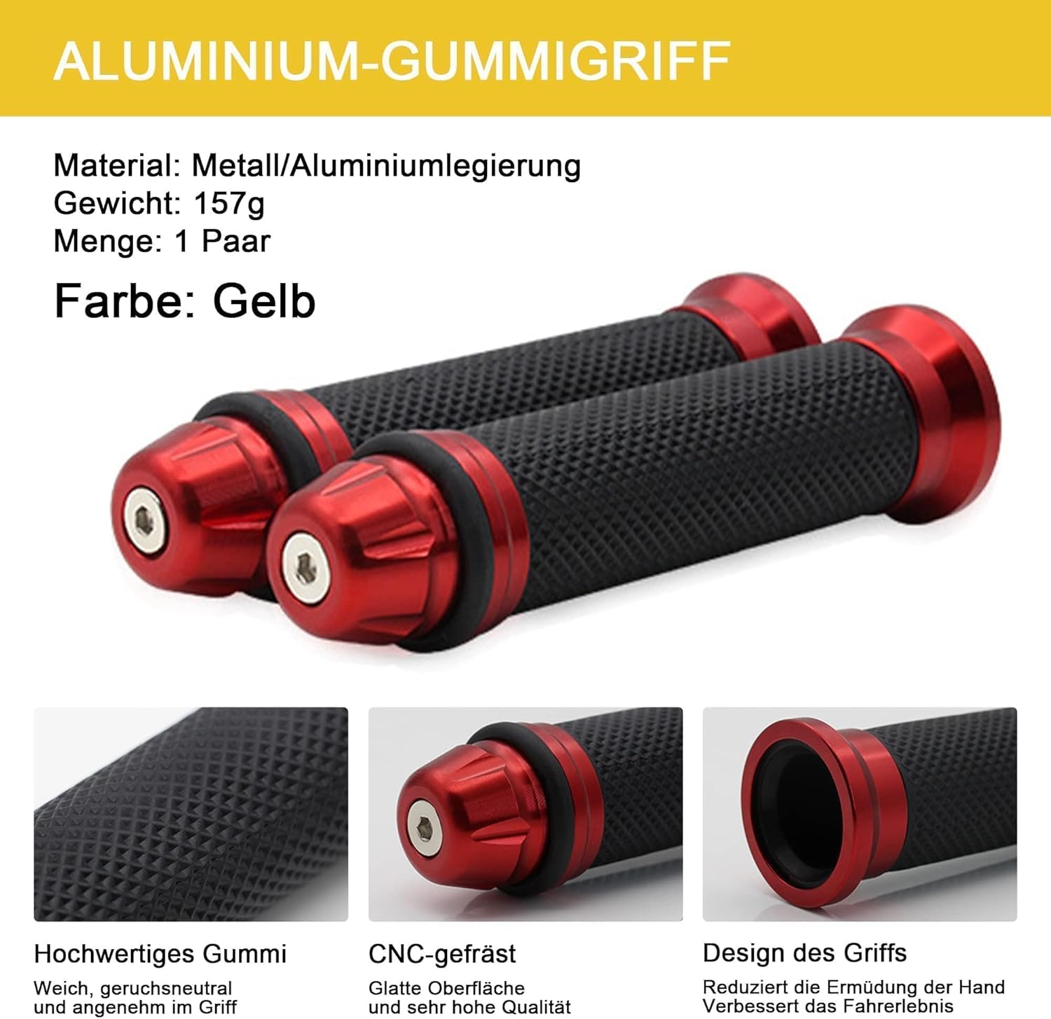 HISports Universeller Motorrad-Lenker, 22 mm–24 mm, rutschfeste Motorrad-Lenkerabdeckung, hochwertige CNC-Aluminium-Gummi-Lenkerabdeckung für Roller, Mopeds (gelb)