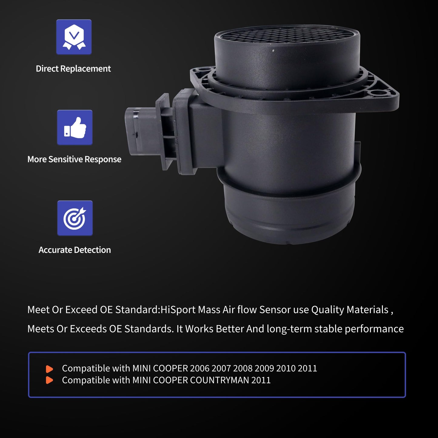 HiSport 0280218205 MAF Mass Air Flow Sensor - Compatible with Mini Cooper 2006-2011 Cooper Countryman 2011 Replaces 13627542418