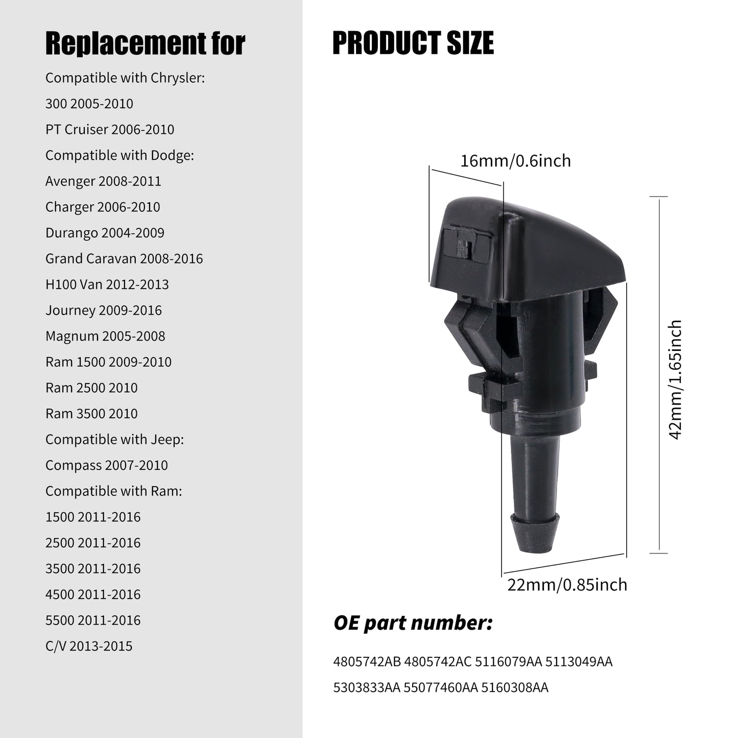 HiSport 5113049AA Windshield Washer Nozzle - Compatible with Chrysler Dodge Jeep Ram 300 PT Cruiser Avenger Charger Durango Grand Caravan H100 Van 2005-2016 - Replace 4805742AB 4805742AC