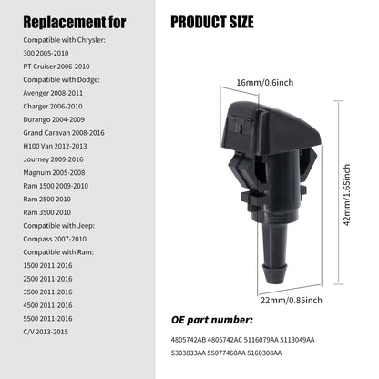 HiSport 5113049AA Windshield Washer Nozzle - Compatible with Chrysler Dodge Jeep Ram 300 PT Cruiser Avenger Charger Durango Grand Caravan H100 Van 2005-2016 - Replace 4805742AB 4805742AC