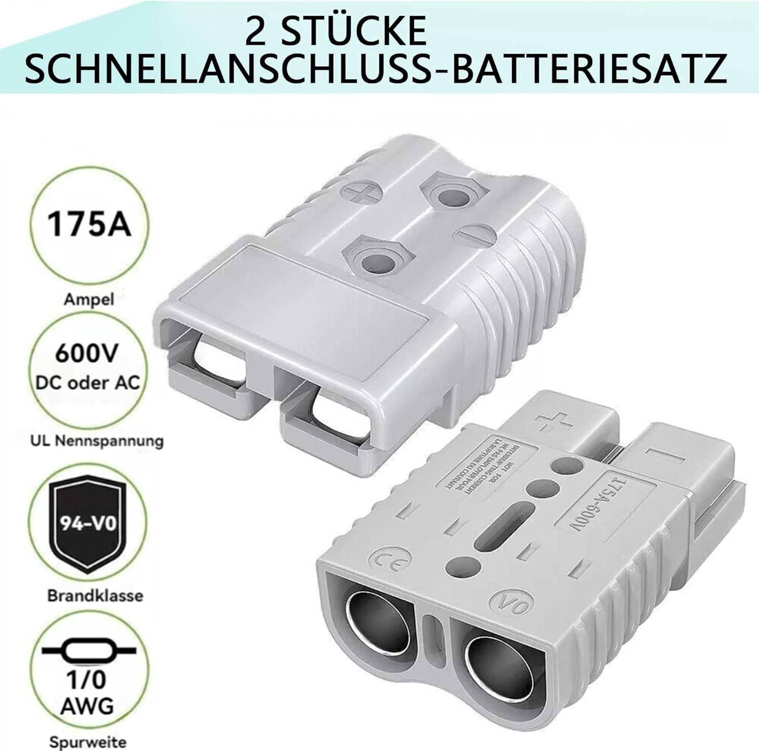 HISports Anderson-Stecker, 175 A, 600 V, Schnelltrenn-Batterieanschluss mit Hartgummikappe, modularer Stromanschluss, Anderson-Stecker-Set