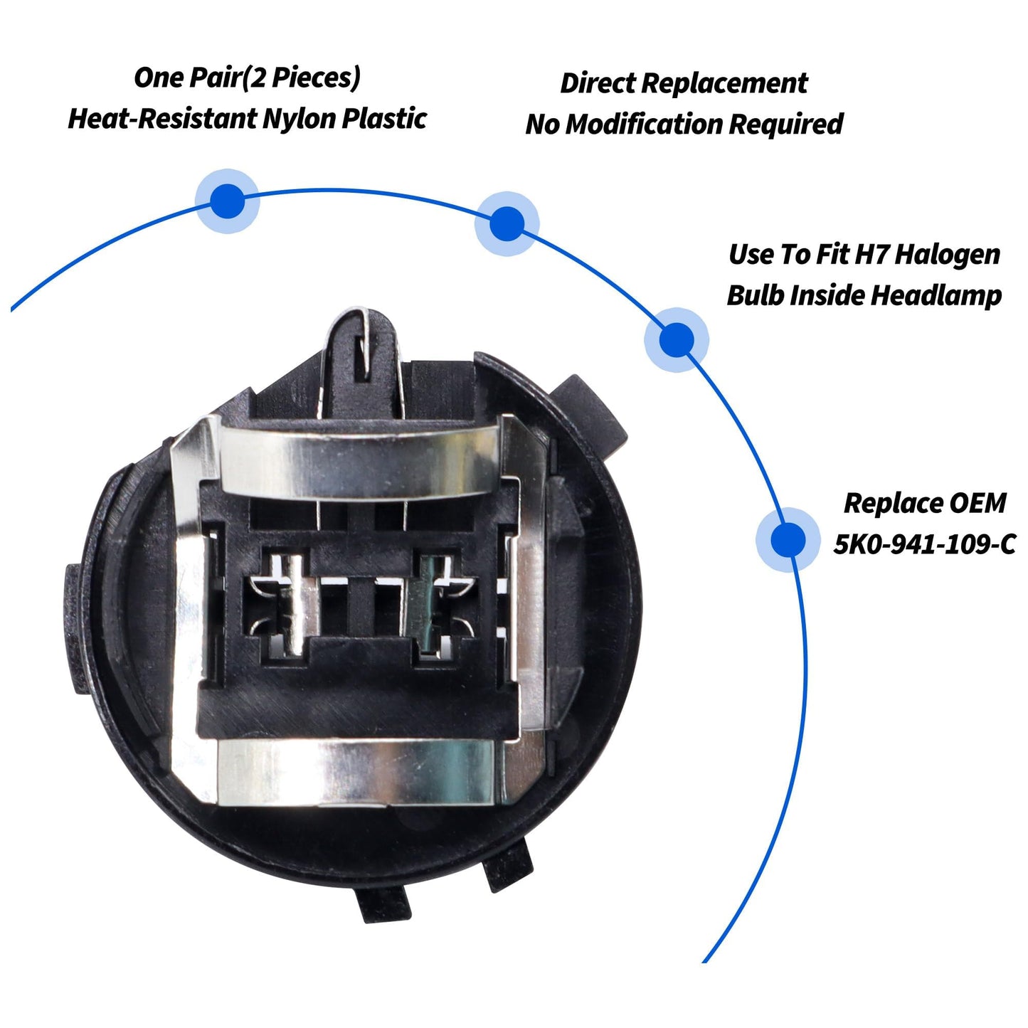 HiSport 5K0941109C 2PCS H7 Headlight Bulb Socket adapters Compatible with Volkswagen E-Golf 2015-2017, Eos 2012-2016, Golf 2011-2017, GTI 2011-2015, Jetta 2011-2014, Passat, Tiguan Limited