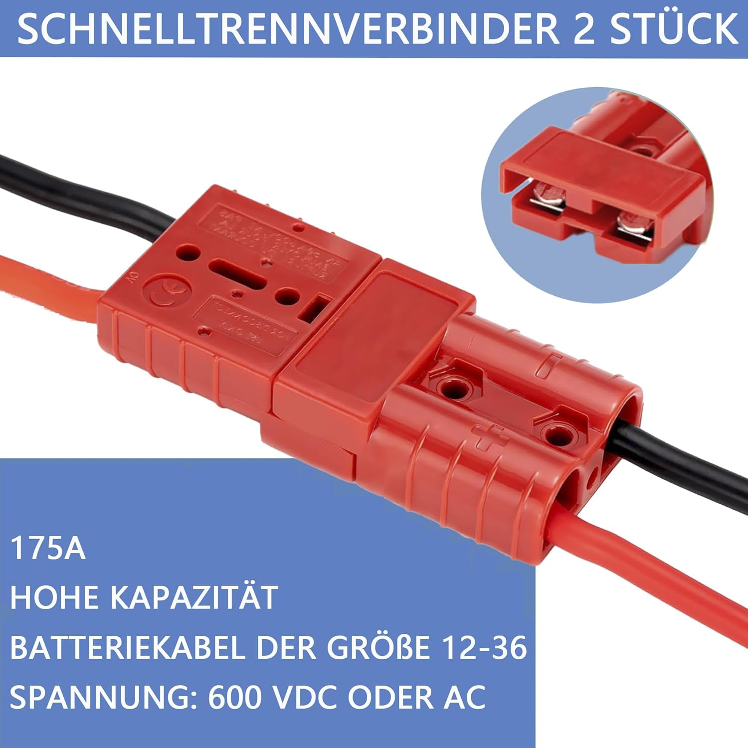 HISports 175A Batterie-Schnellanschluss-Stecker, 2 Stück, 1/0 Gauge Harness, 12-36 V, Schnellanschluss, Überbrückungskabel, Bergungssätze für Autos, ATVs, Hebebühnen, Motoren, Anhänger, Rot