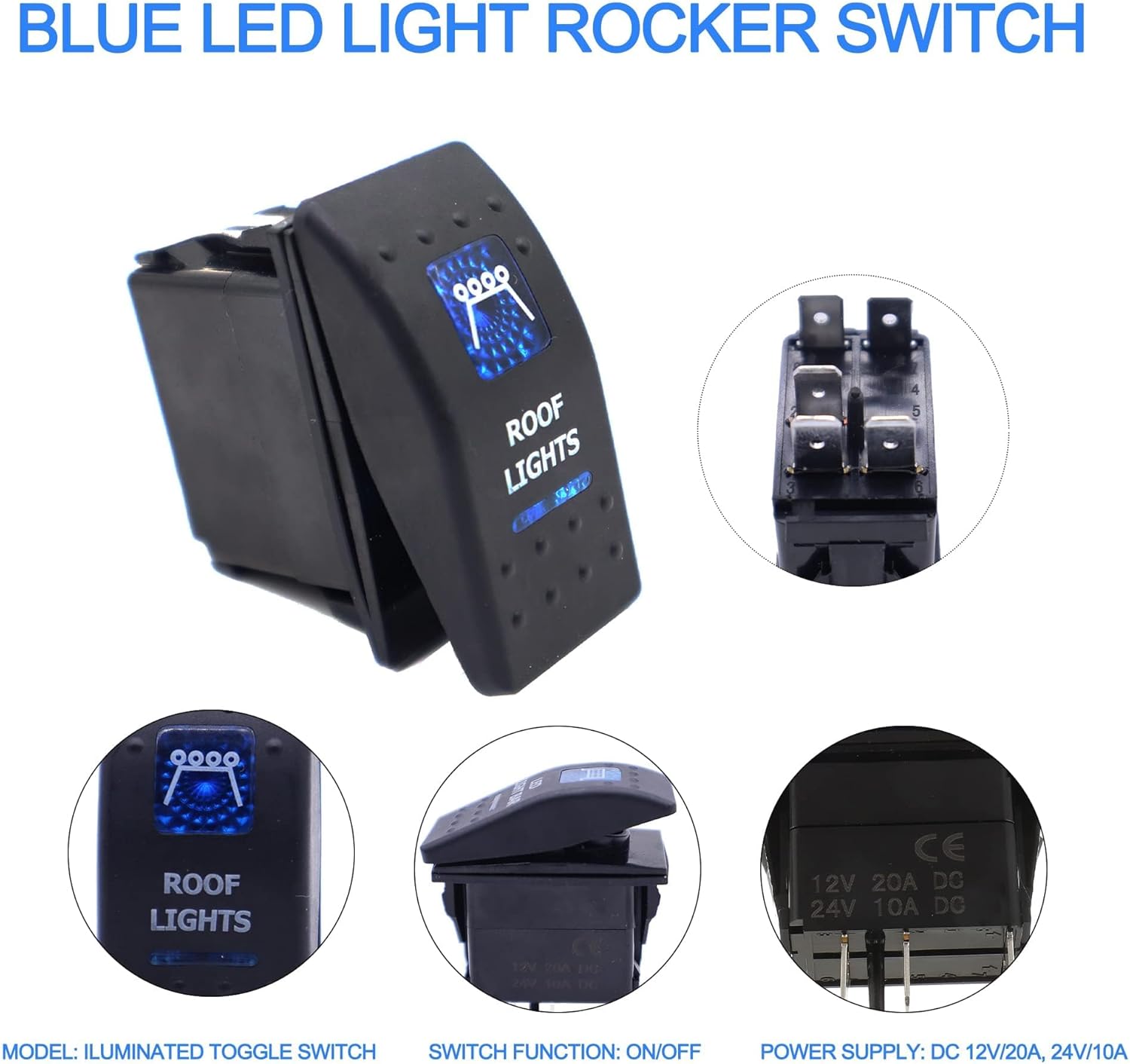 HISports Boat Rocker Switch Waterproof Toggle Switch 12V 20A SPST ON/Off Lighted Rocker Switch 5Pin Toggle Buttons Switch for Car RV Marine Boat Motorhome Truck Yacht Blue LED Light (ROOF Light)