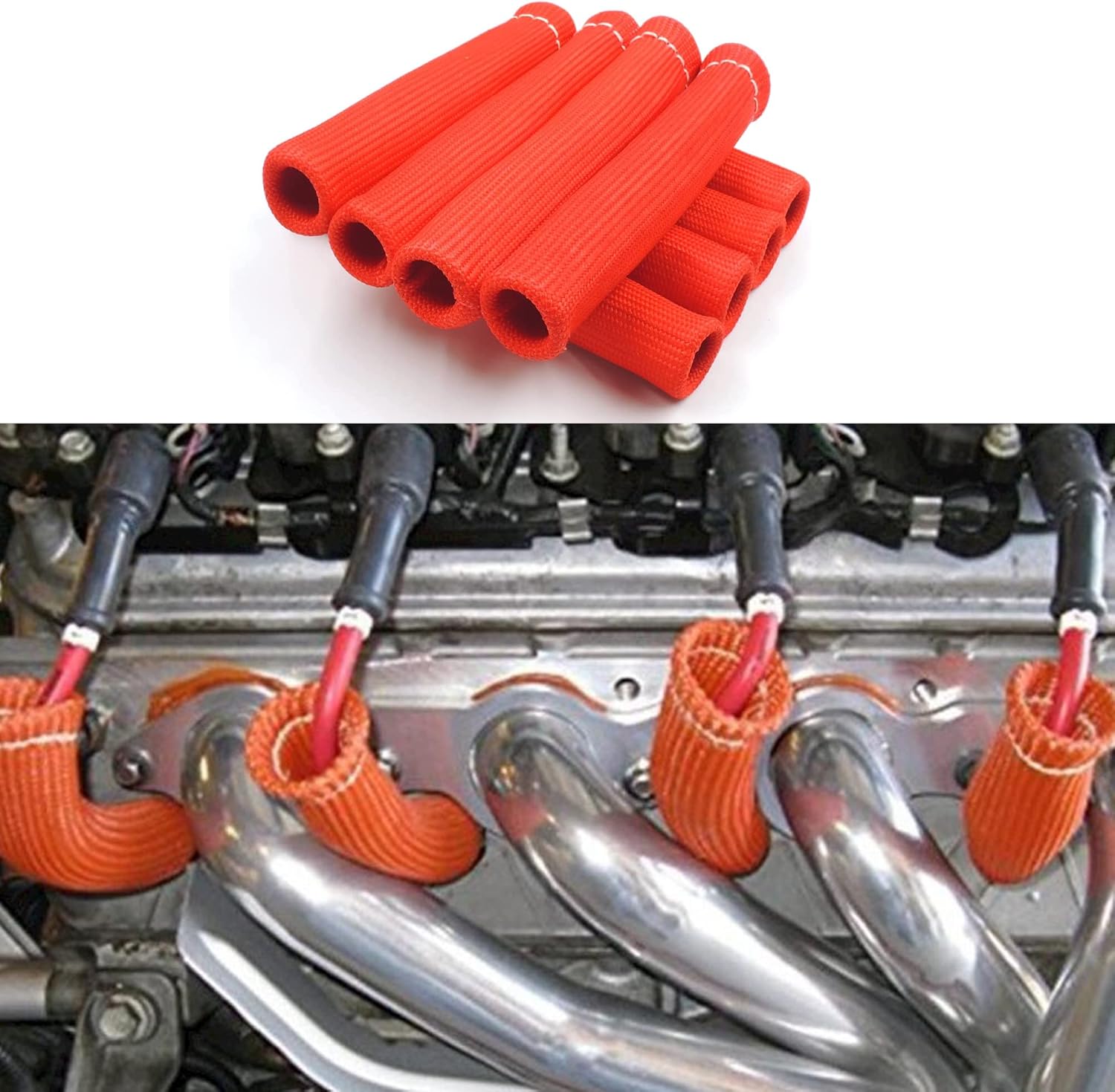 HiSport 8pcs Spark Plug Wire Boots Heat Shield Protector Sleeve Cover Compatible with SBC BBC 350 454 （8pcs, Red）