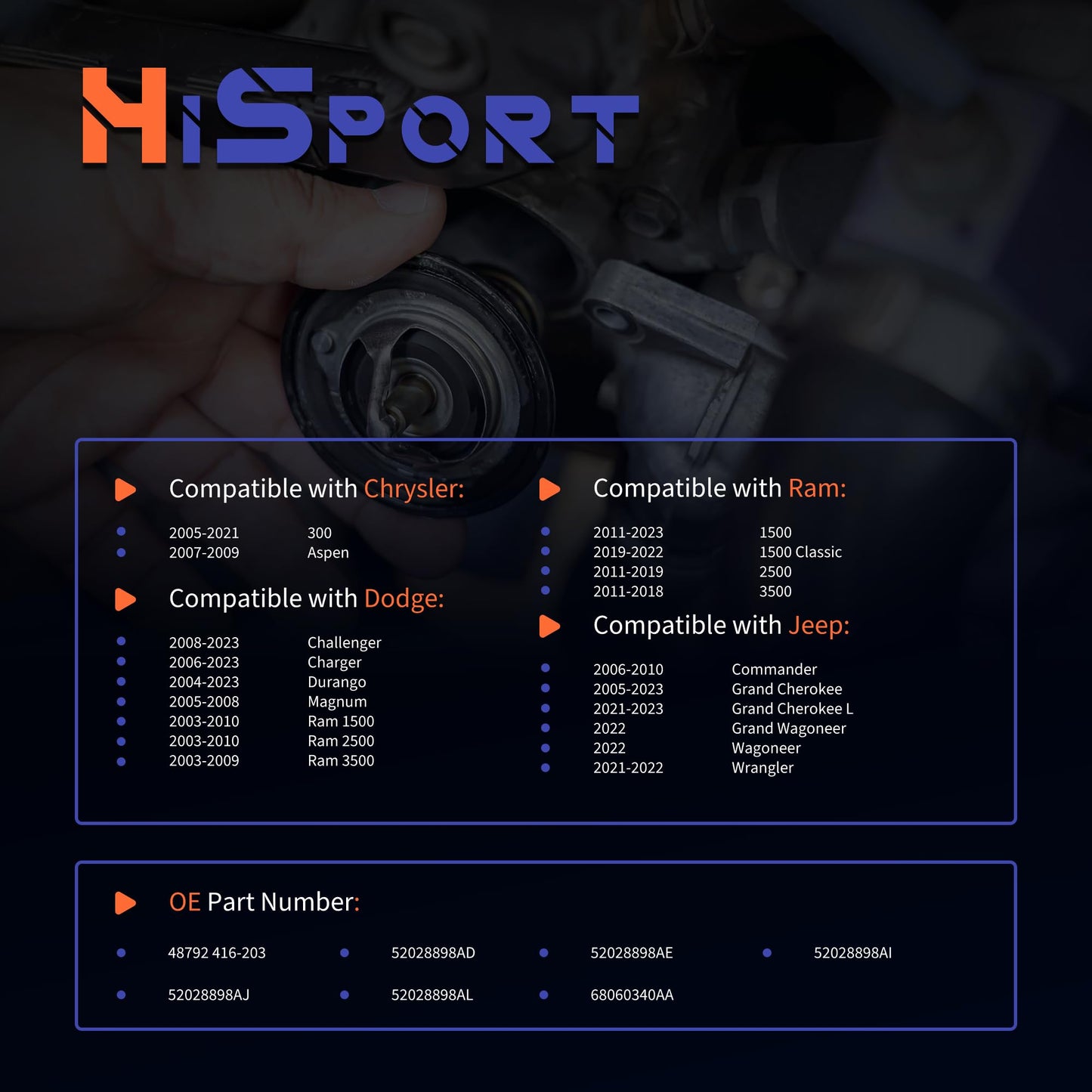 HiSport Thermostat - Compatible with Jeep Commander Grand Cherokee Grand Cherokee L Grand Wagoneer Wagoneer Wrangler 2005-2023 - Replace 52028898AE