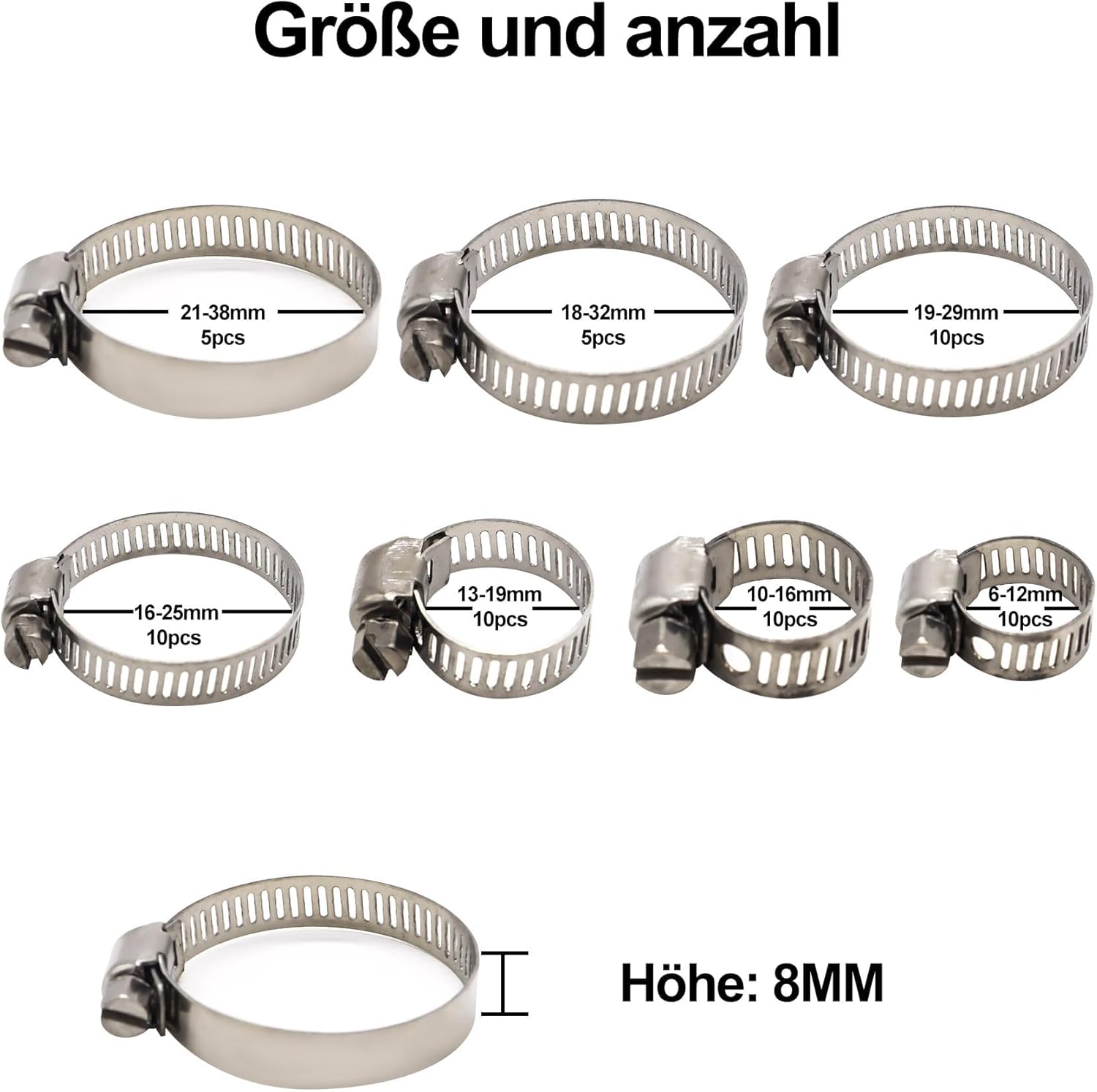 HISports 60-teiliges Schlauchschellenset (6-38mm), Bandbreite 8-12mm, 7 Größensätze, verpackte Aufbewahrung Alle 304 Edelstahl innen und außen, rostbeständig, verpackte Aufbewahrung