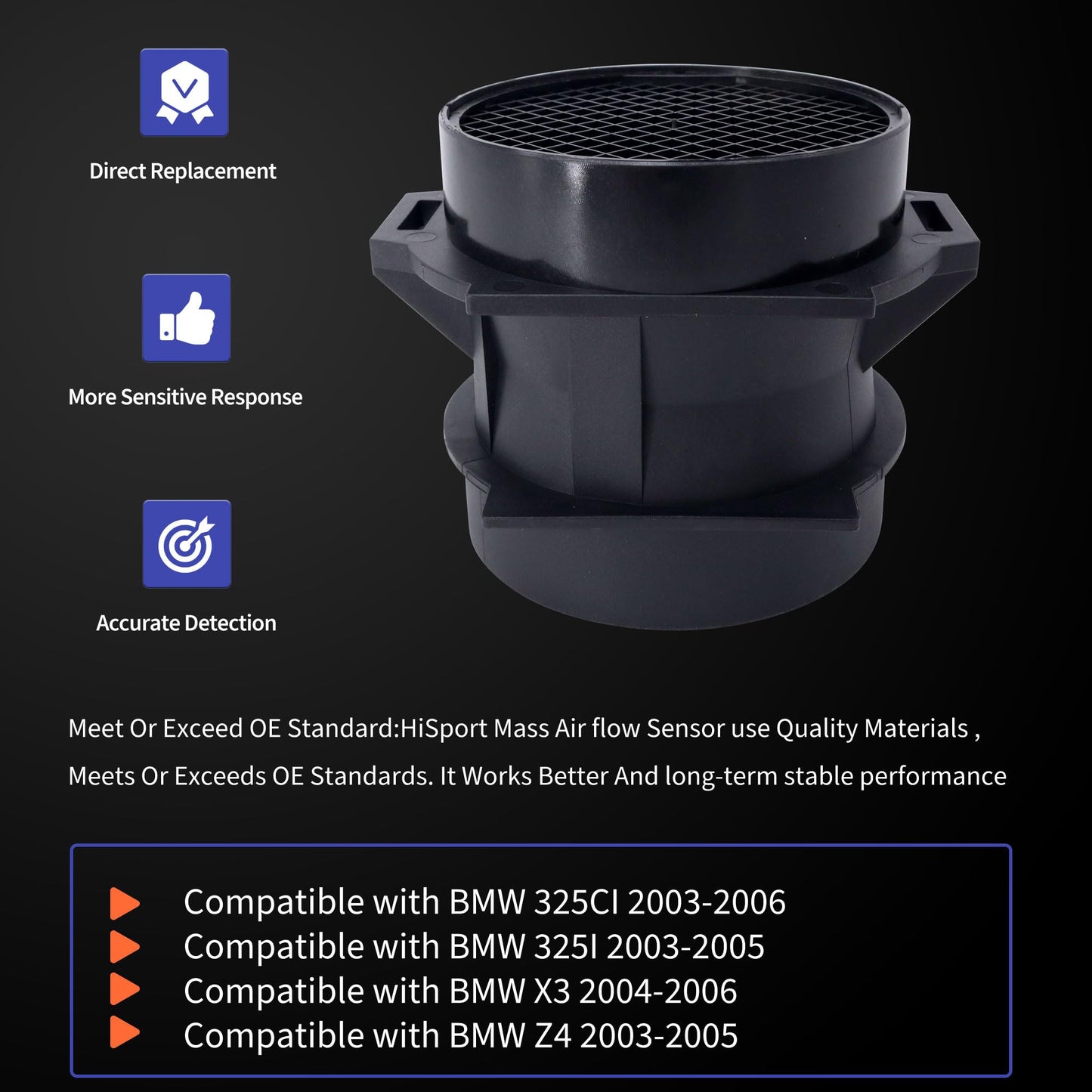 HiSport 13627513957 MAF Mass Air Flow Sensor - Compatible with BMW 325CI 325I X3 Z4 Replaces 13627566984 5WK96471
