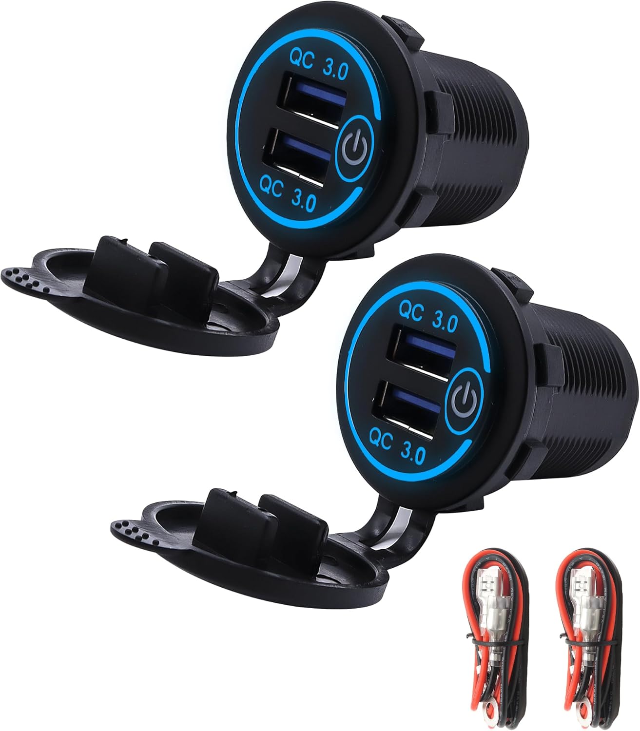 HISports Dual USB Charger Socket QC 3.0 Fast Car Charger Socket Power Outlet with Touch Switch & Blue LED Cigarette Lighter Socket Waterproof for 12V/24V Car, Boats, Motorcycle, Marine, RV, Truck