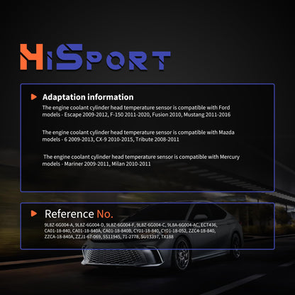 HiSport Engine Coolant Cylinder Head Temperature Sensor - Compatible with Ford Escape F-150 Mazda CX-9 Tribute Mercury Mariner Milan Replaces 9L8Z-6G004-F 9L8Z-6G004-A